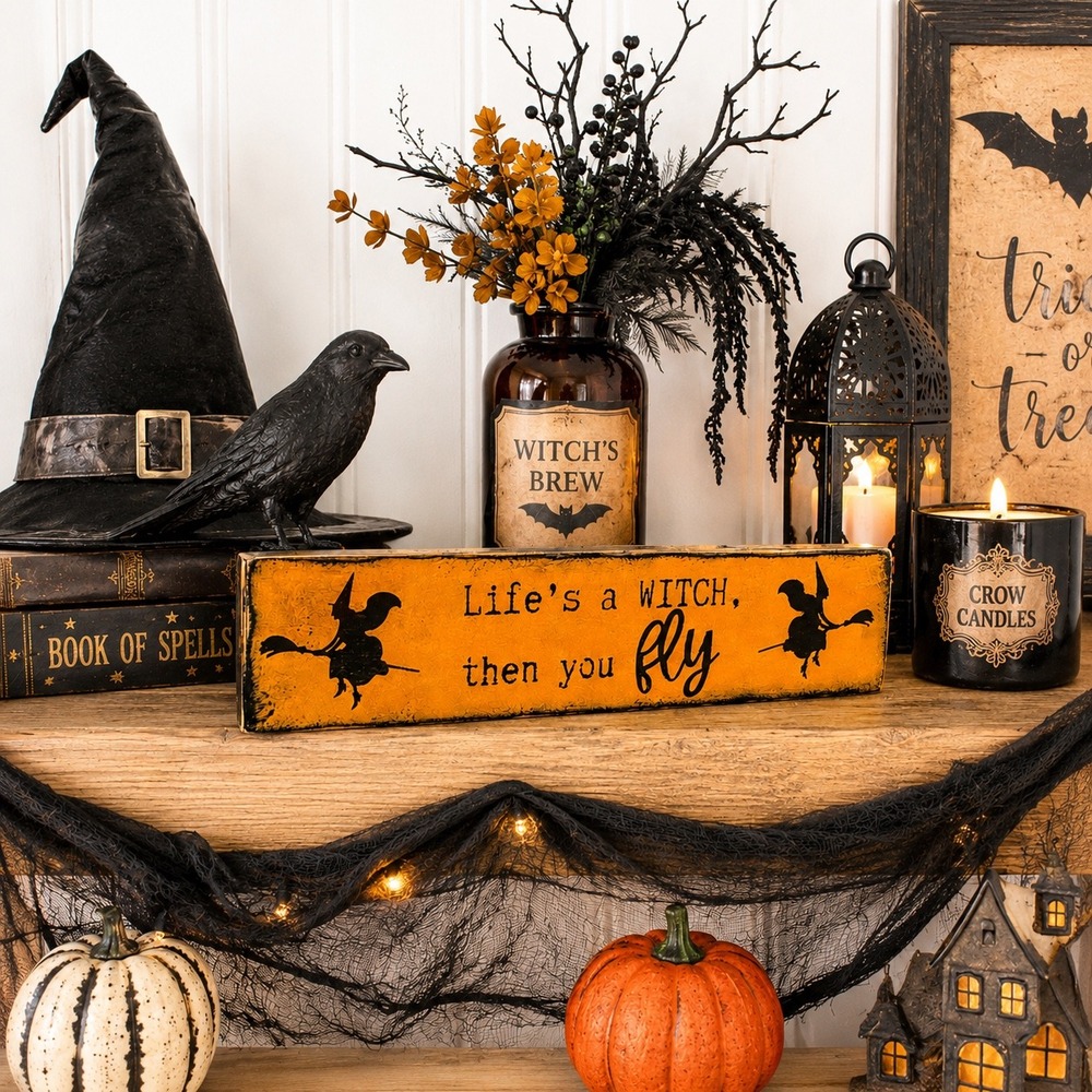 Handmade Halloween Wood Sign Lifes a Witch Then You Fly Orange Distressed Decor